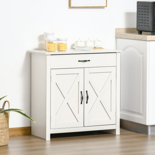 HOMCOM Farmhouse Sideboard Buffet Cabinet with Storage, Accent Cabinet with Barn Doors, Drawer and Adjustable Shelf, Distressed White Wash