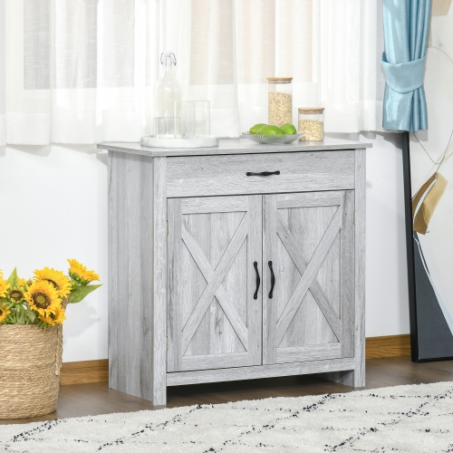 HOMCOM Farmhouse Sideboard Buffet Cabinet with Storage, Accent Cabinet with Barn Doors, Drawer and Adjustable Shelf, Grey Grain