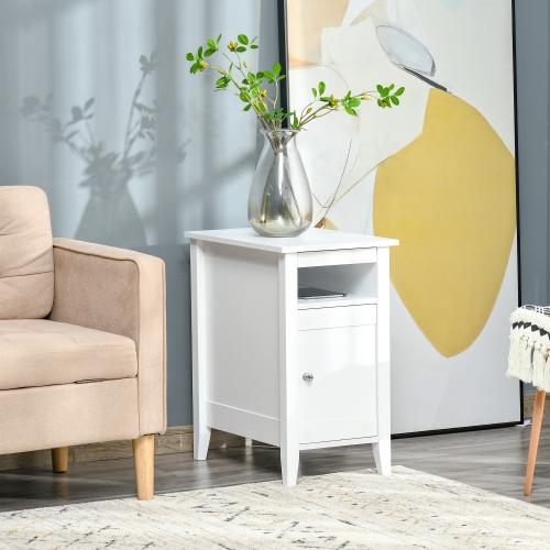 HOMCOM Narrow Side Table, Accent End Table with Pull-out Tray, Open Shelf and Cupboard, Slim Nightstand with Storage for Living Room, Bedroom, White