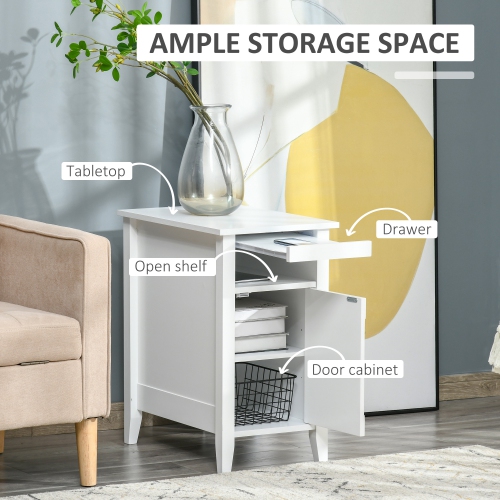 HOMCOM Narrow Side Table, Accent End Table with Pull-out Tray, Open Shelf and Cupboard, Slim Nightstand with Storage for Living Room, Bedroom, White