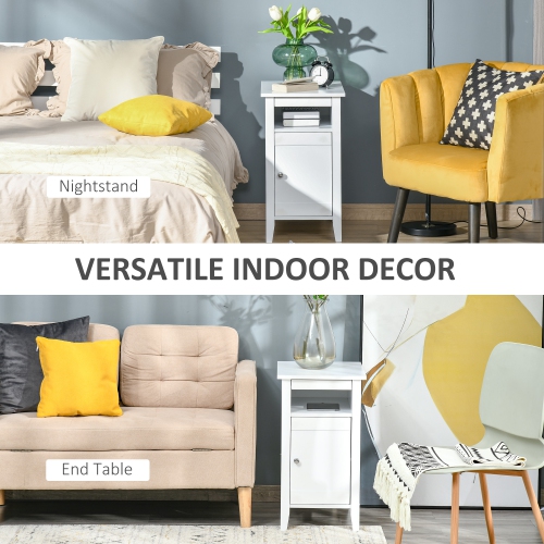 HOMCOM Narrow Side Table, Accent End Table with Pull-out Tray, Open Shelf and Cupboard, Slim Nightstand with Storage for Living Room, Bedroom, White