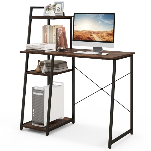 TOPBUY  Computer Desk W/ 3-Tier Storage Shelf Home Office Desk Writing Desk W/ Cpu Stand Modern Metal Frame PC Desk