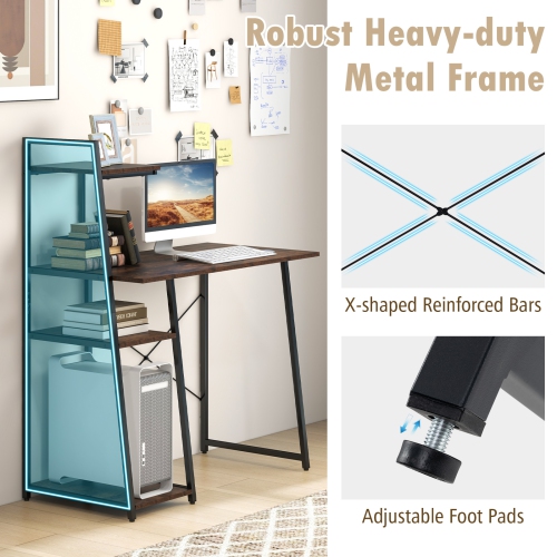 Topbuy Computer Desk w/ 3-tier Storage Shelf Home Office Desk Writing Desk w/ CPU Stand Modern Metal Frame PC Desk