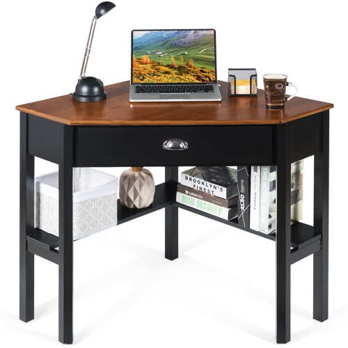 Topbuy Corner Computer Desk Table Wood Workstation Brown& Black