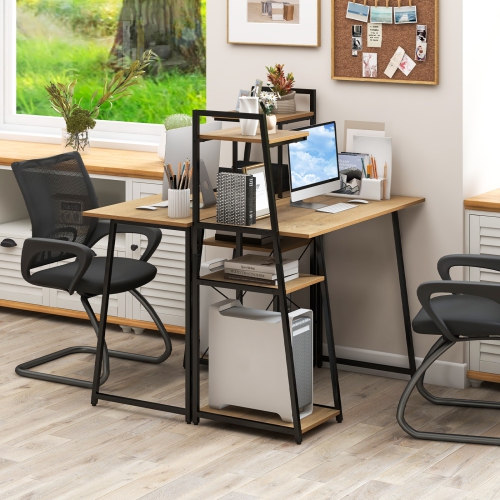 Topbuy Computer Desk with 3-tier Storage Shelf Home Office Desk Writing Desk with CPU Stand Natural & Black