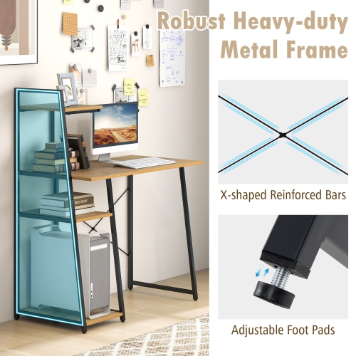 Topbuy Computer Desk with 3-tier Storage Shelf Home Office Desk Writing Desk with CPU Stand Natural & Black
