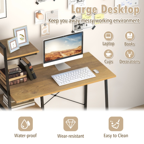Topbuy Computer Desk with 3-tier Storage Shelf Home Office Desk Writing Desk with CPU Stand Natural & Black