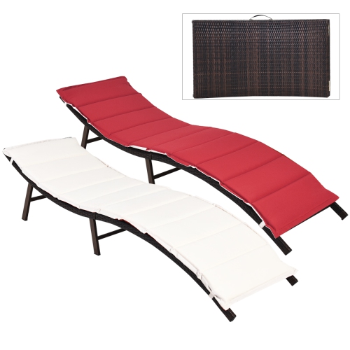 TOPBUY  2PCs Outdoor Patio Rattan Wicker Lounge Chair Chaise Folding W/cushions In Red