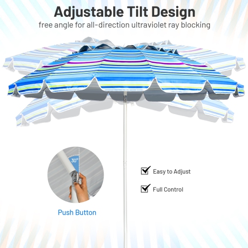 Patiojoy 8 FT Patio Beach Umbrella Sun Shelter w/Sand Anchor & Tilt Air Vent for Garden Beach Backyard Blue