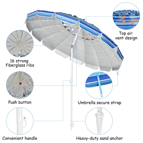 Patiojoy 8 FT Patio Beach Umbrella Sun Shelter w/Sand Anchor & Tilt Air Vent for Garden Beach Backyard Navy
