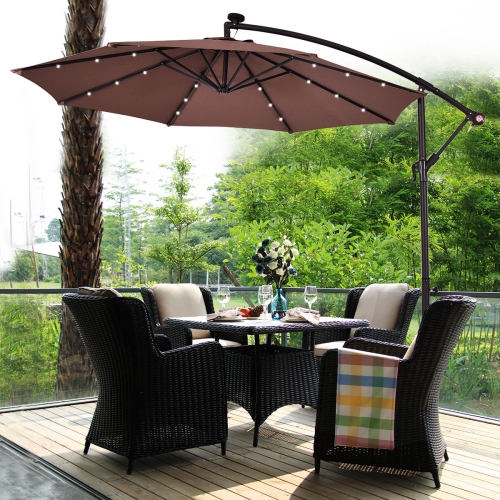 TOPBUY  10' Patio Solar Umbrella Led Sun Shade Offset W/base In Tan