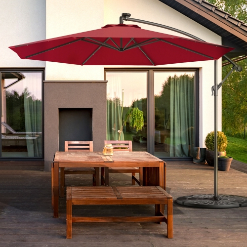 TOPBUY  10' Patio Solar Umbrella Led Sun Shade Offset W/base In Burgundy