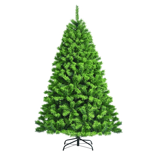 COSTWAY  6.5Ft Green Flocked Hinged Artificial Christmas Tree W/ Metal Stand Green