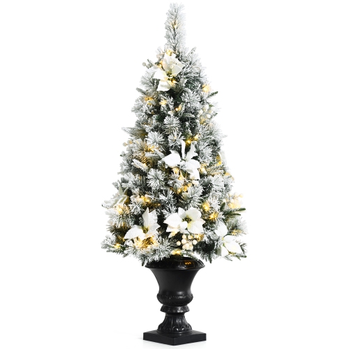 COSTWAY  4Ft Pre-Lit Snowy Christmas Entrance Tree W/ Berries & Flowers In White