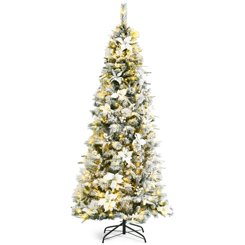 Costway 7ft Prelit Snow Flocked Christmas Tree w/ Berries & Poinsettia