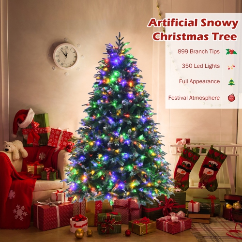 Costway 6ft Pre-Lit Snowy Christmas Hinged Tree 11 Flash Modes w/ 350 Multi-Color Lights