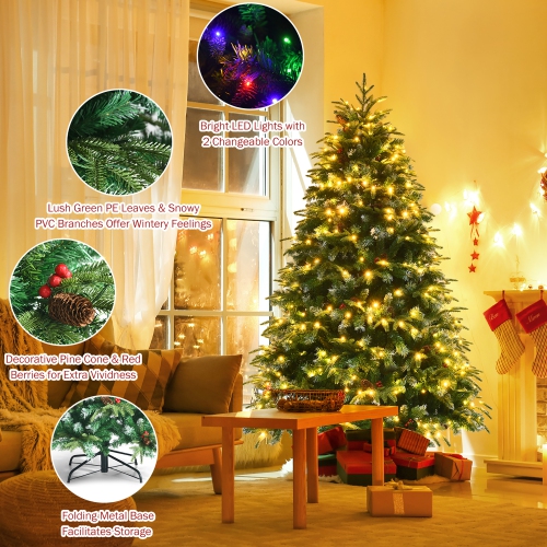 Costway 6ft Pre-Lit Snowy Christmas Hinged Tree 11 Flash Modes w/ 350 Multi-Color Lights