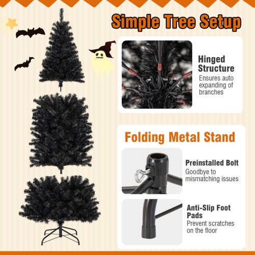 Costway 7ft Pre-lit PVC Christmas Halloween Pencil Tree Black with 350 LED Lights