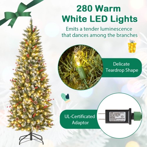 Costway 6 FT Pre-Lit Artificial Christmas Tree with 618 Snowy Branch Tips 280 LED Lights