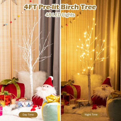 Costway 4ft Pre-lit White Twig Birch Tree for Christmas Holiday w/ 48 LED Lights