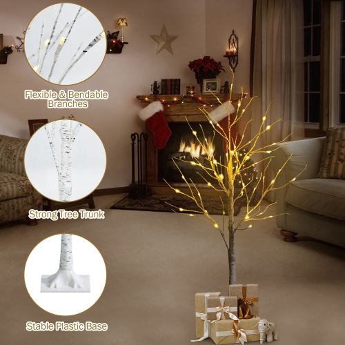 Costway 4ft Pre-lit White Twig Birch Tree for Christmas Holiday w/ 48 LED Lights