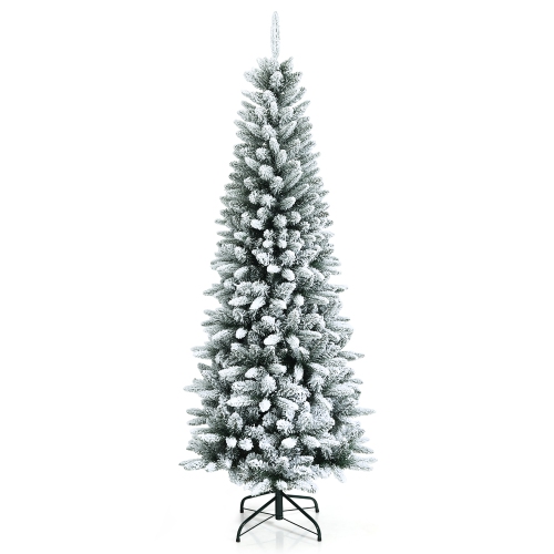 COSTWAY  6.5Ft Snow-Flocked Hinged Artificial Christmas Pencil Tree W/ 829 Mixed Tips