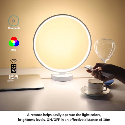 Modern Circle RGB Dimmable Table Lamp with Remote Control ,7 Colorful LEDs and 6-Lighting Effect Modes，16 Custom Presets function avails for use as a