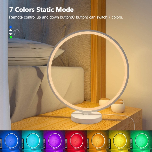 Modern Circle RGB Dimmable Table Lamp with Remote Control ,7 Colorful LEDs and 6-Lighting Effect Modes，16 Custom Presets function avails for use as a