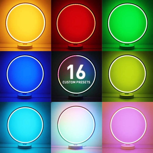 Modern Circle RGB Dimmable Table Lamp with Remote Control ,7 Colorful LEDs and 6-Lighting Effect Modes，16 Custom Presets function avails for use as a