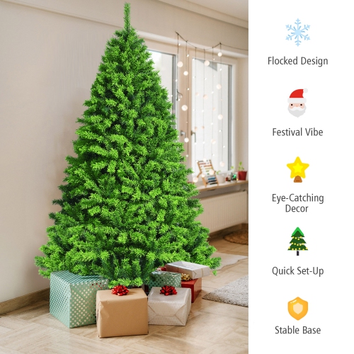 Gymax 7.5 FT Verdant Artificial Christmas Tree Hinged Green Flocked Xmas Tree
