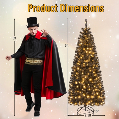 Gymax 6 FT Pre-lit Black Halloween Tree Artificial PVC Slim Pencil Christmas Tree