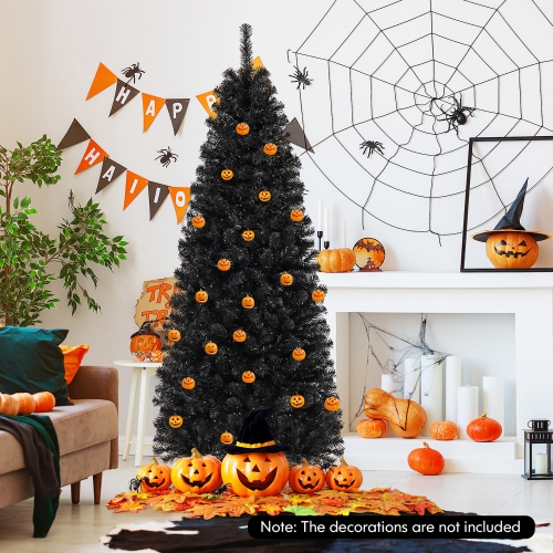 Gymax 6 FT Pre-lit Black Halloween Tree Artificial PVC Slim Pencil Christmas Tree