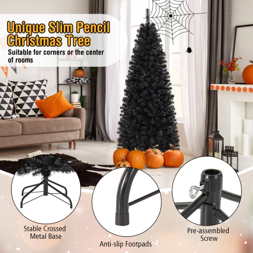 Gymax 6 FT Pre-lit Black Halloween Tree Artificial PVC Slim Pencil Christmas Tree