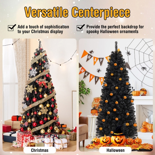Gymax 6 FT Pre-lit Black Halloween Tree Artificial PVC Slim Pencil Christmas Tree