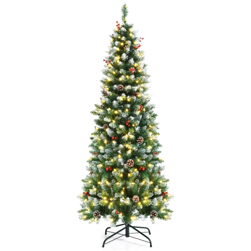 GYMAX  6 Ft Pre-Lit Hinged Christmas Tree Artificial Pencil Xmas Tree W/ Led Lights