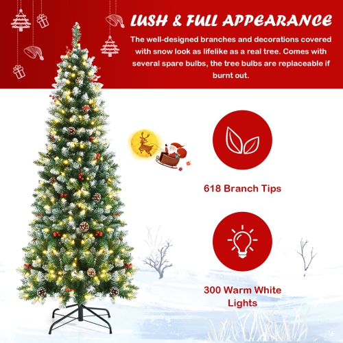 Gymax 6 FT Pre-lit Hinged Christmas Tree Artificial Pencil Xmas Tree w/ LED Lights
