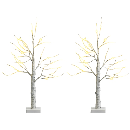 GYMAX  2PCs 2 Ft Pre-Lit Birch Tree Artificial Twig Birch Tree Christmas Decoration In White