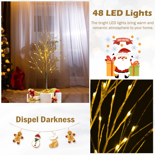 Gymax 4 FT Pre-lit White Birch Tree Artificial Twig Birch Tree Christmas Decor