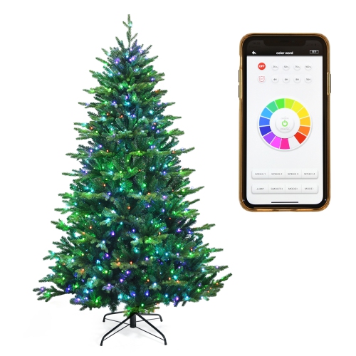 GYMAX  7 Ft Pre-Lit Artificial Christmas Tree W/ App Control & 15 Lighting Modes