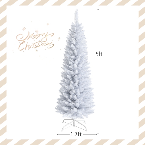 Gymax 5 FT Artificial Pencil White Christmas Tree Leafy Unlit Slim Xmas Tree