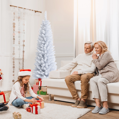 Gymax 5 FT Artificial Pencil White Christmas Tree Leafy Unlit Slim Xmas Tree