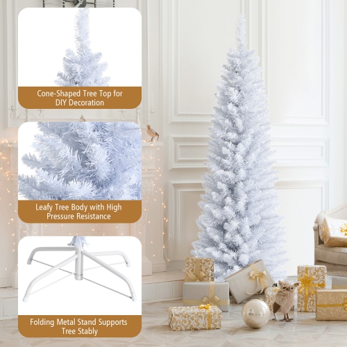 Gymax 5 FT Artificial Pencil White Christmas Tree Leafy Unlit Slim Xmas Tree