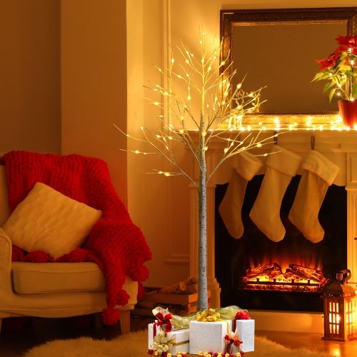 Gymax 5 FT Pre-lit White Birch Tree Artificial Twig Birch Tree Christmas Decor