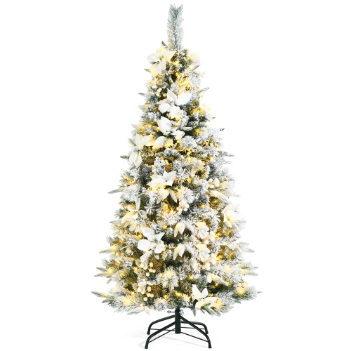 GYMAX  5 Ft Pre-Lit Artificial Snow-Flocked Christmas Tree Hinged Pencil Xmas Tree