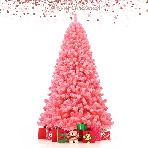 GYMAX  7.5 Ft Artificial Snow Flocked Christmas Tree Unlit Xmas Pvc Tree In Pink
