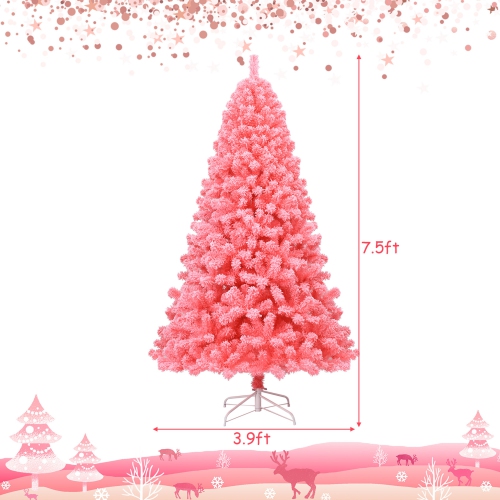 Gymax 7.5 FT Artificial Snow Flocked Pink Christmas Tree Unlit Xmas PVC Tree