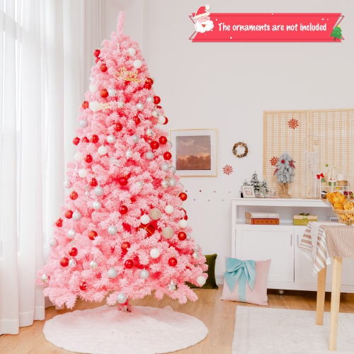 Gymax 7.5 FT Artificial Snow Flocked Pink Christmas Tree Unlit Xmas PVC Tree