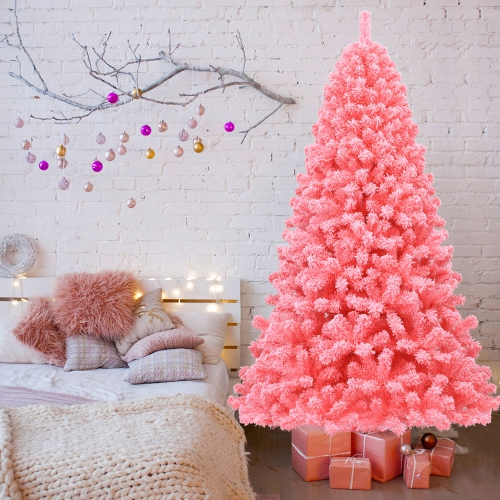 Gymax 7.5 FT Artificial Snow Flocked Pink Christmas Tree Unlit Xmas PVC Tree