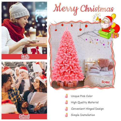 Gymax 7.5 FT Artificial Snow Flocked Pink Christmas Tree Unlit Xmas PVC Tree