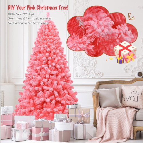 Gymax 7.5 FT Artificial Snow Flocked Pink Christmas Tree Unlit Xmas PVC Tree